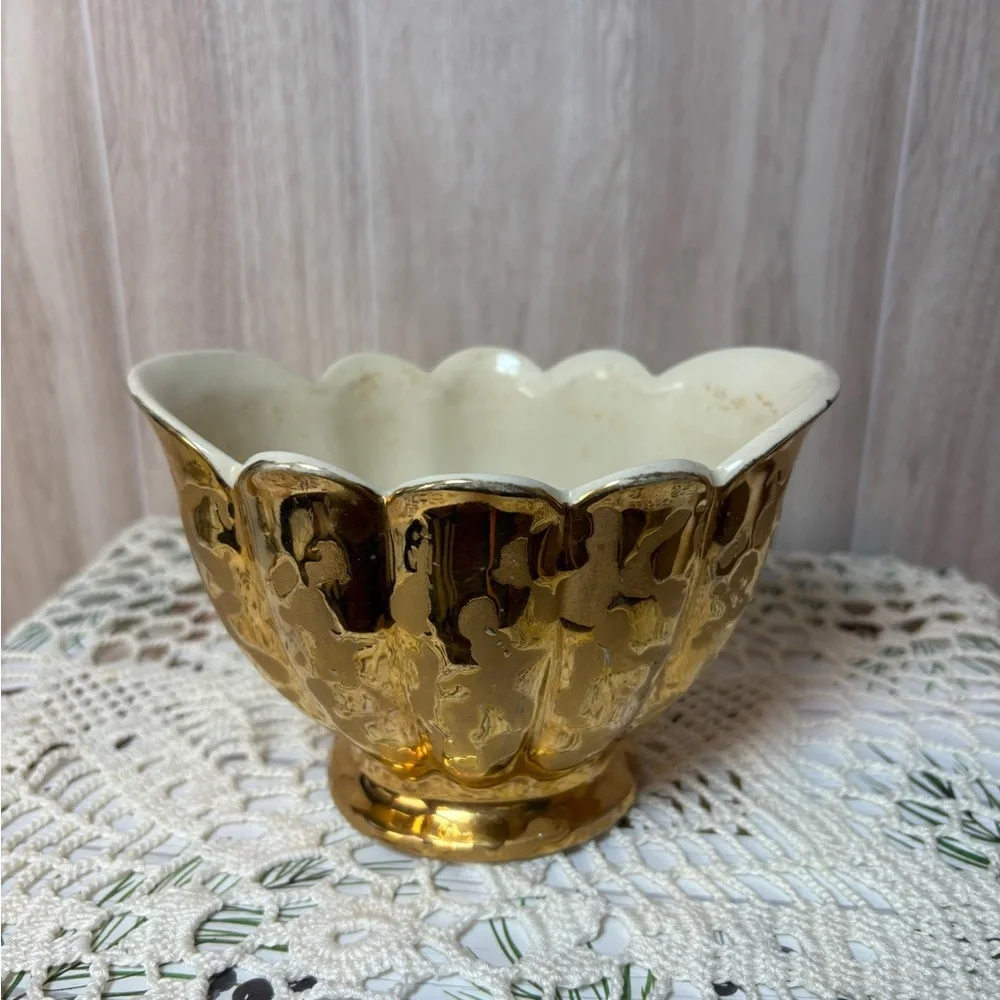 Vintage 24K Plated Weeping Gold Pedestal Bowl Art Vase MCM 50s-60s Made in USA